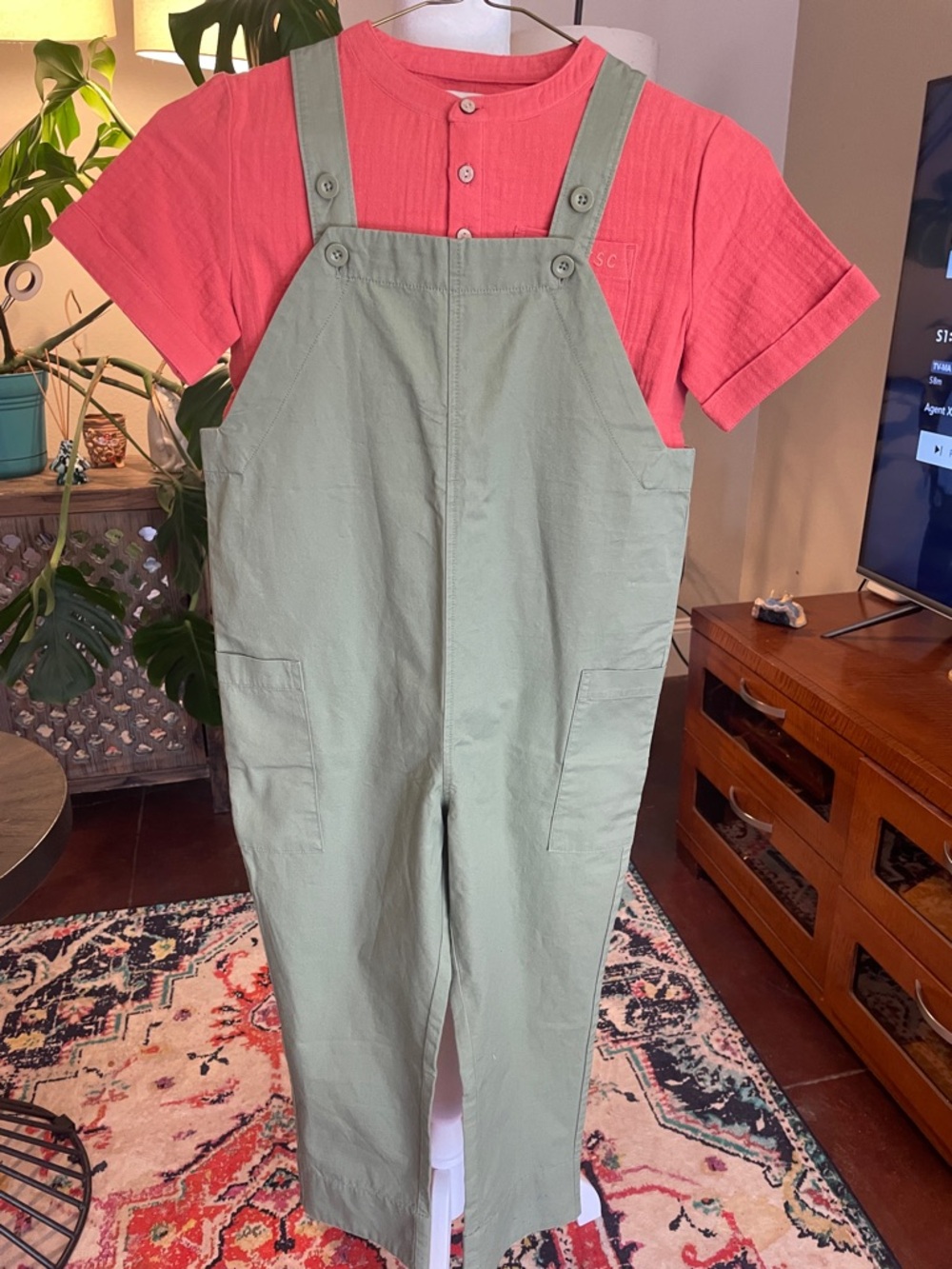 Kids Two-Piece Matching Set - Pink Top with Sage Green Overalls